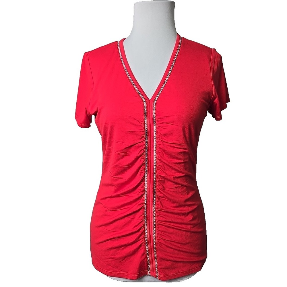 Colleen Lopez Red Double Layered Jersey Ruched T-shirt Top Small